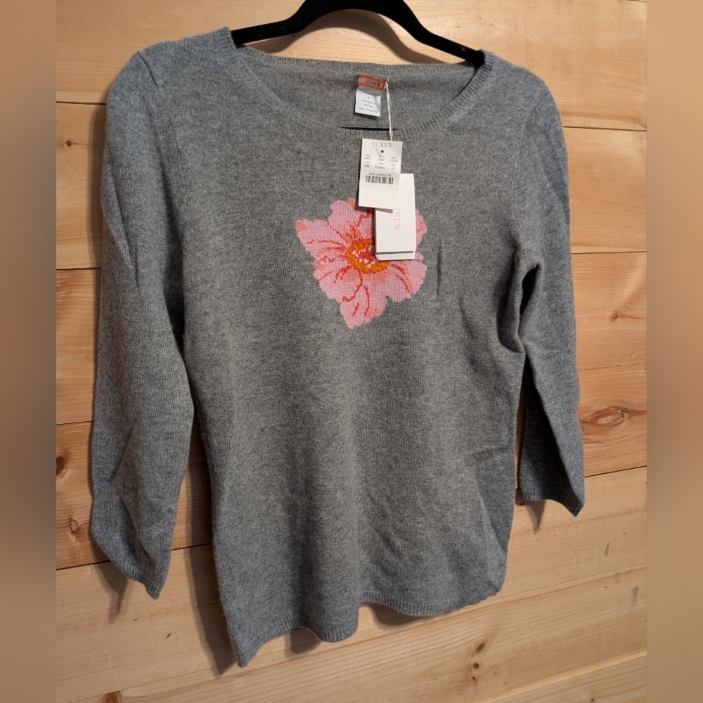 J. Crew Cashmere Gray Sweater with Pink Floral Design..NWT..Small
